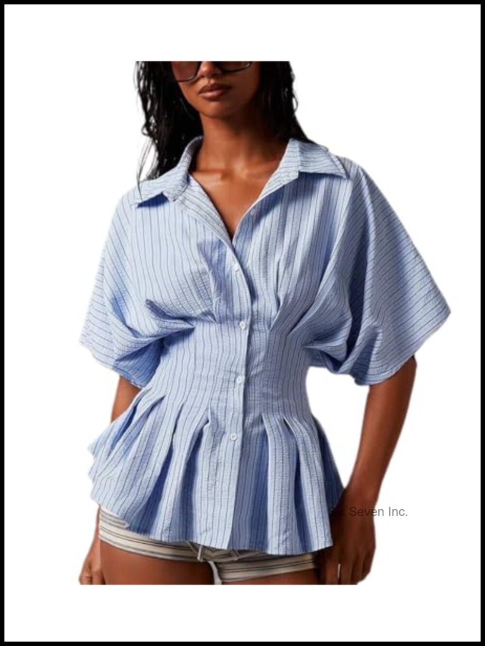 Y2K Button Down Blouse Short Sleeve Cinched Waist Peplum Top